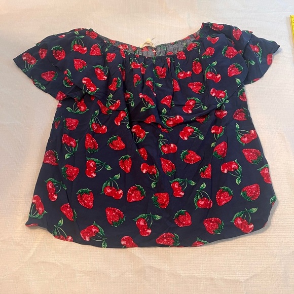 Entro Blue and Red Ruffled Off the Shoulder Blouse with Fruit Print - M - Picture 1 of 6